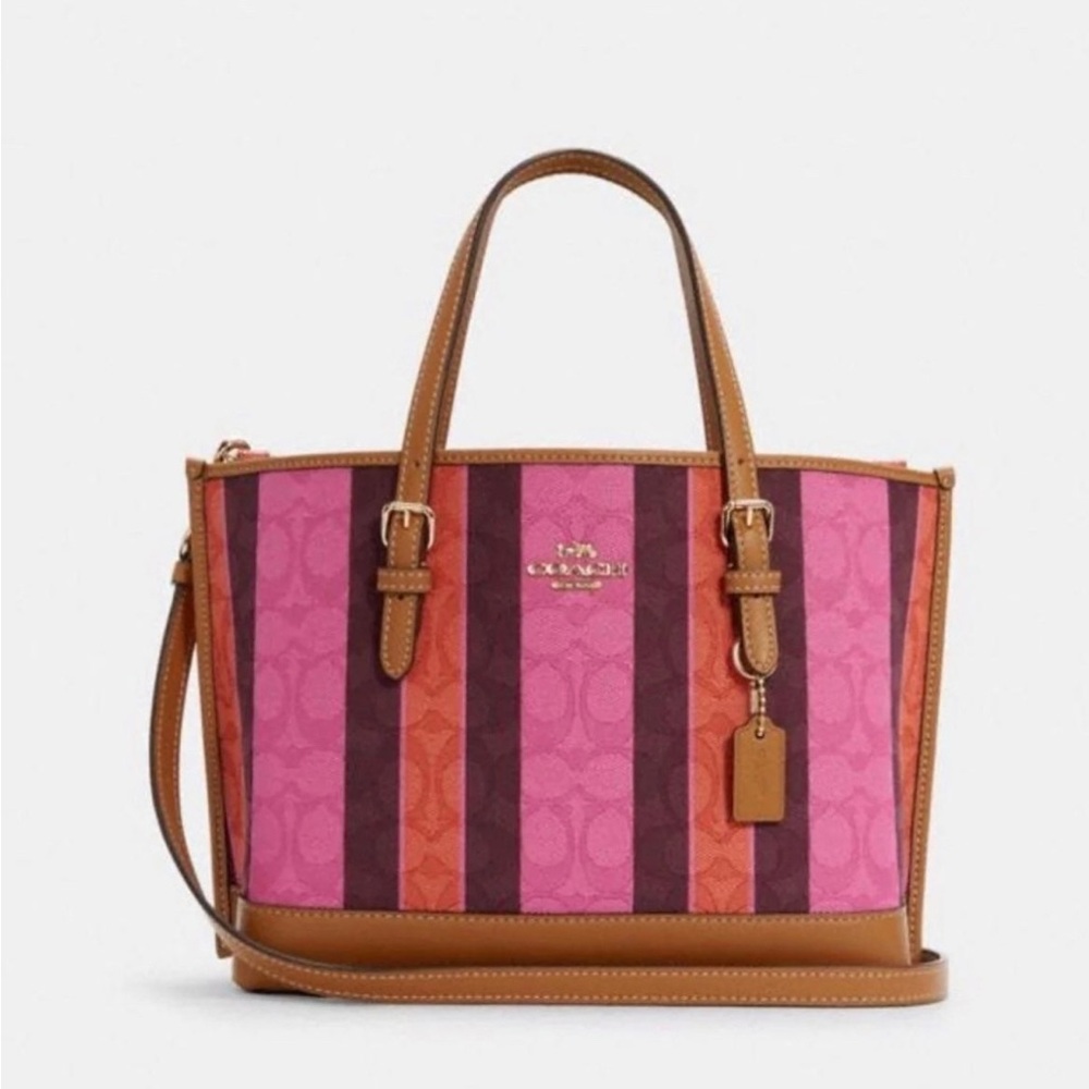 Coach Mollie Tote 25 In Signature Jacquard With Pink & Brown Stripes NWT